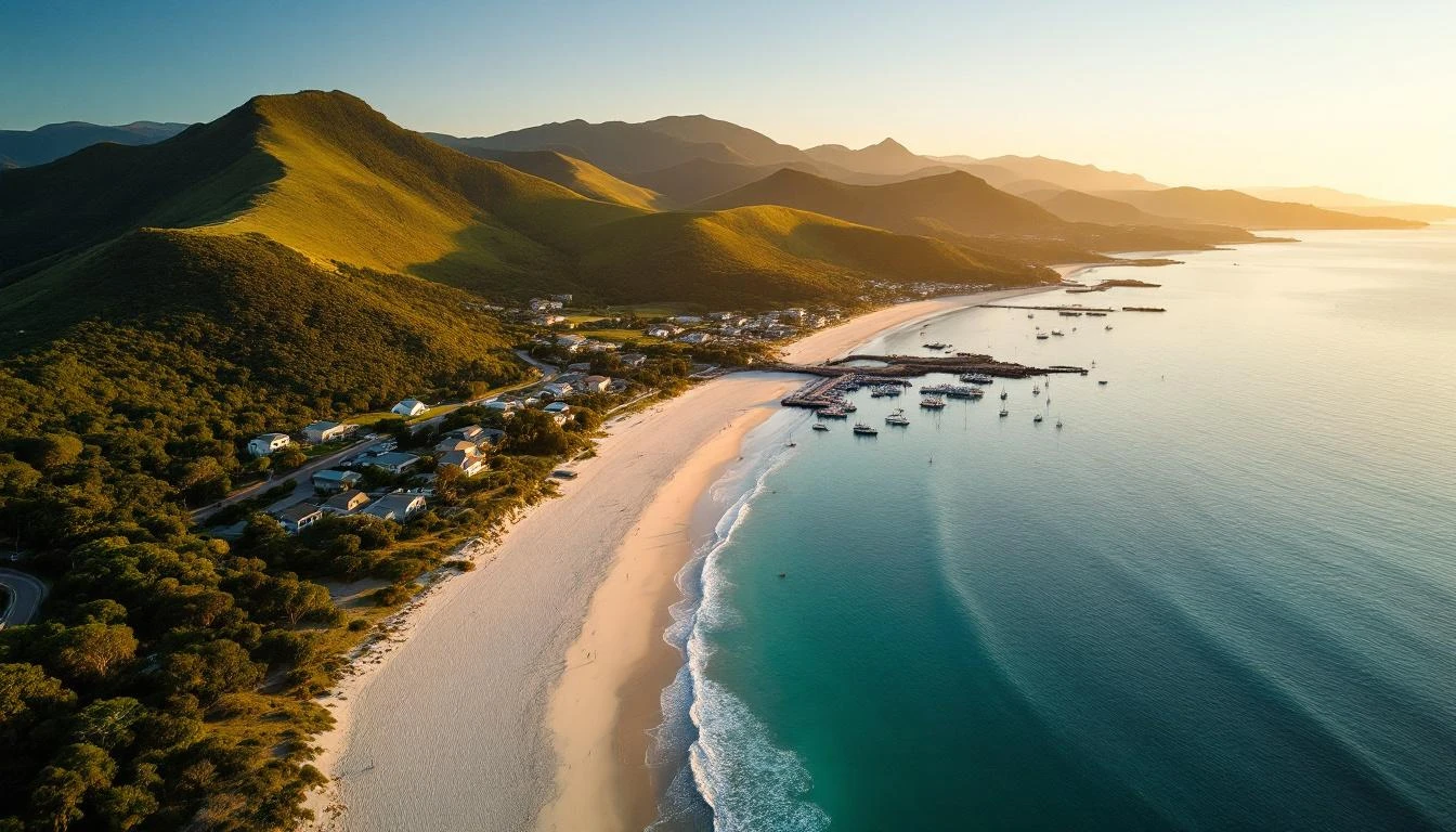 Apollo Bay from above with curved beach and harbour