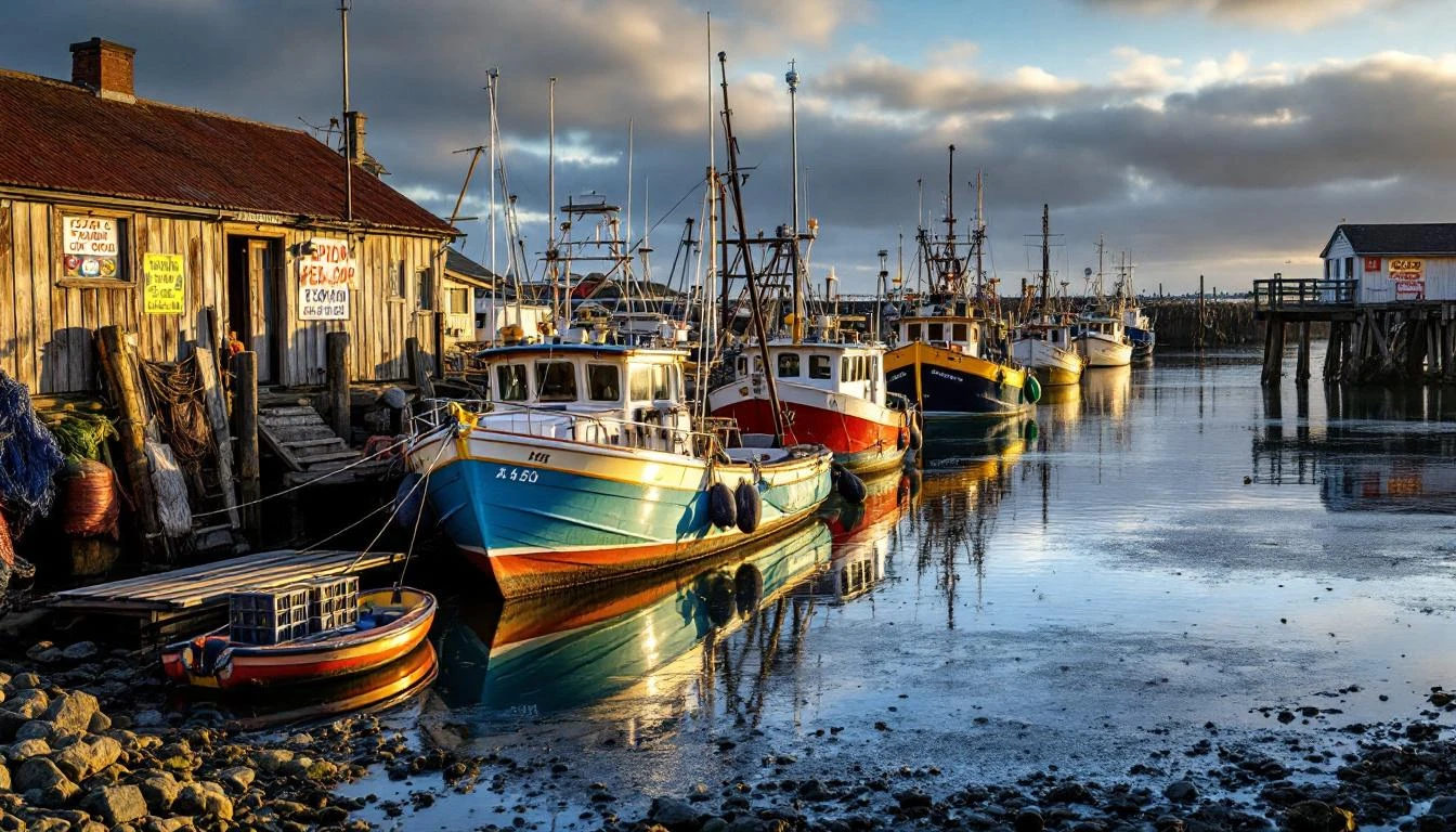 Apollo Bay fishing harbour with crayfish boats and seafood co-op