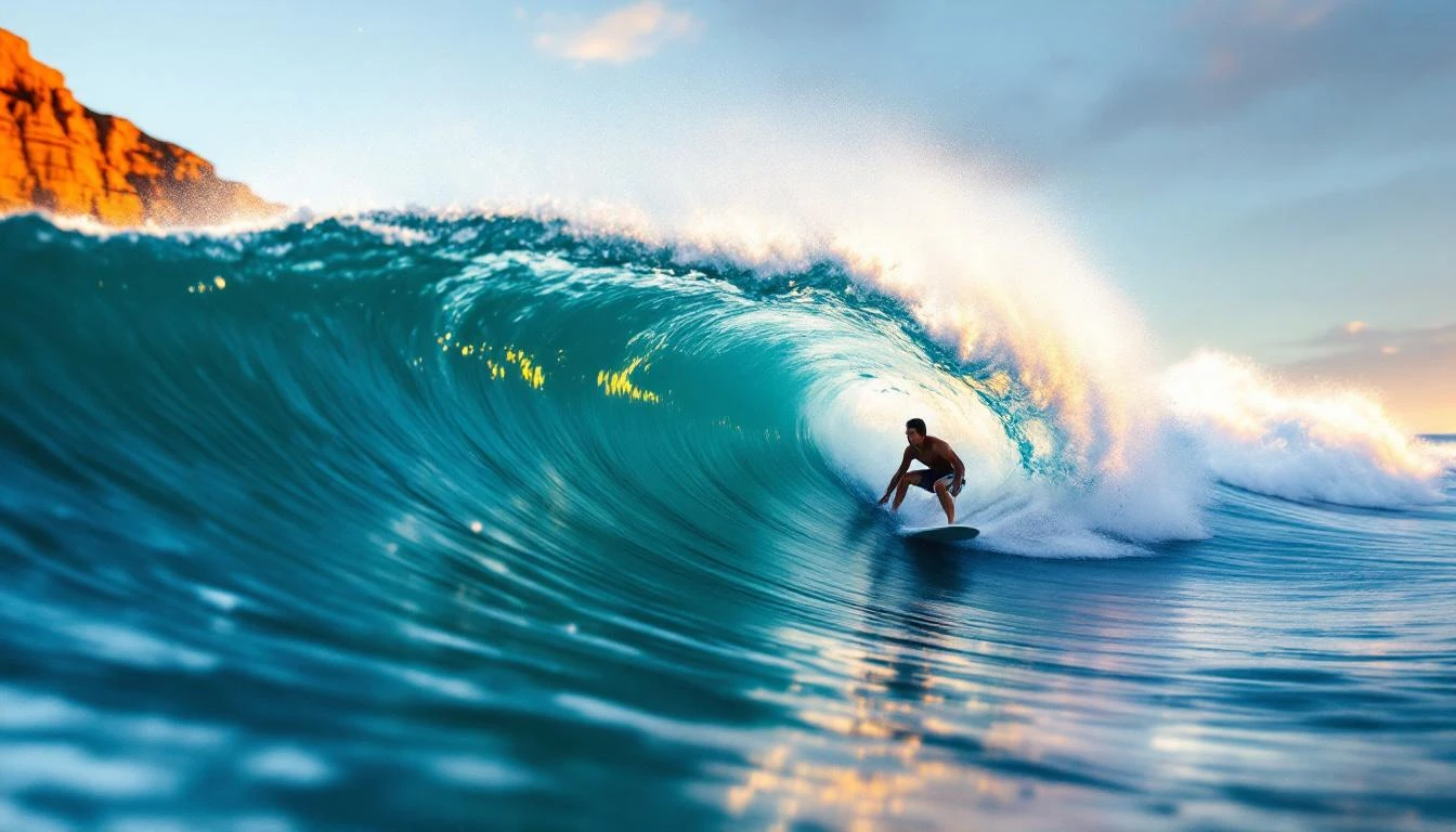 Surfer on a peeling wave at Bells Beach with sandstone cliff backdrop