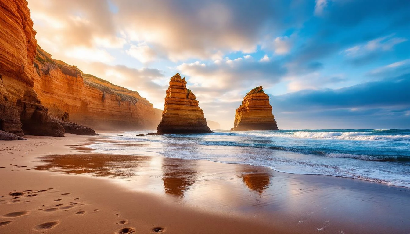 View from Gibson Steps beach looking up at limestone cliffs and sea stacks