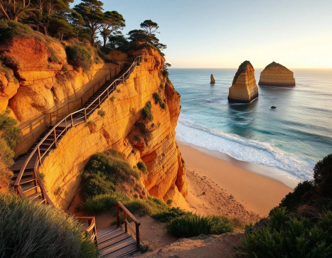 Wooden staircase descending limestone cliff to beach at Gibson Steps, Great Ocean Road