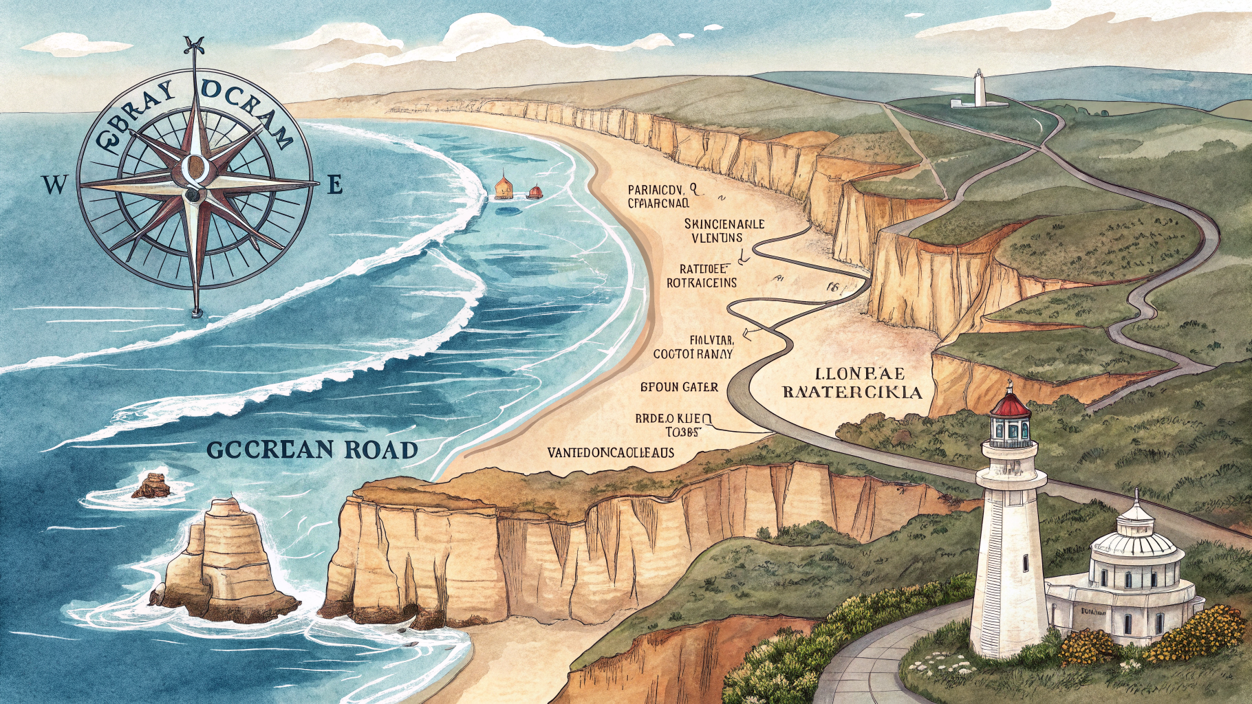 Illustrated map of the Great Ocean Road from Torquay in the east to Warrnambool in the west