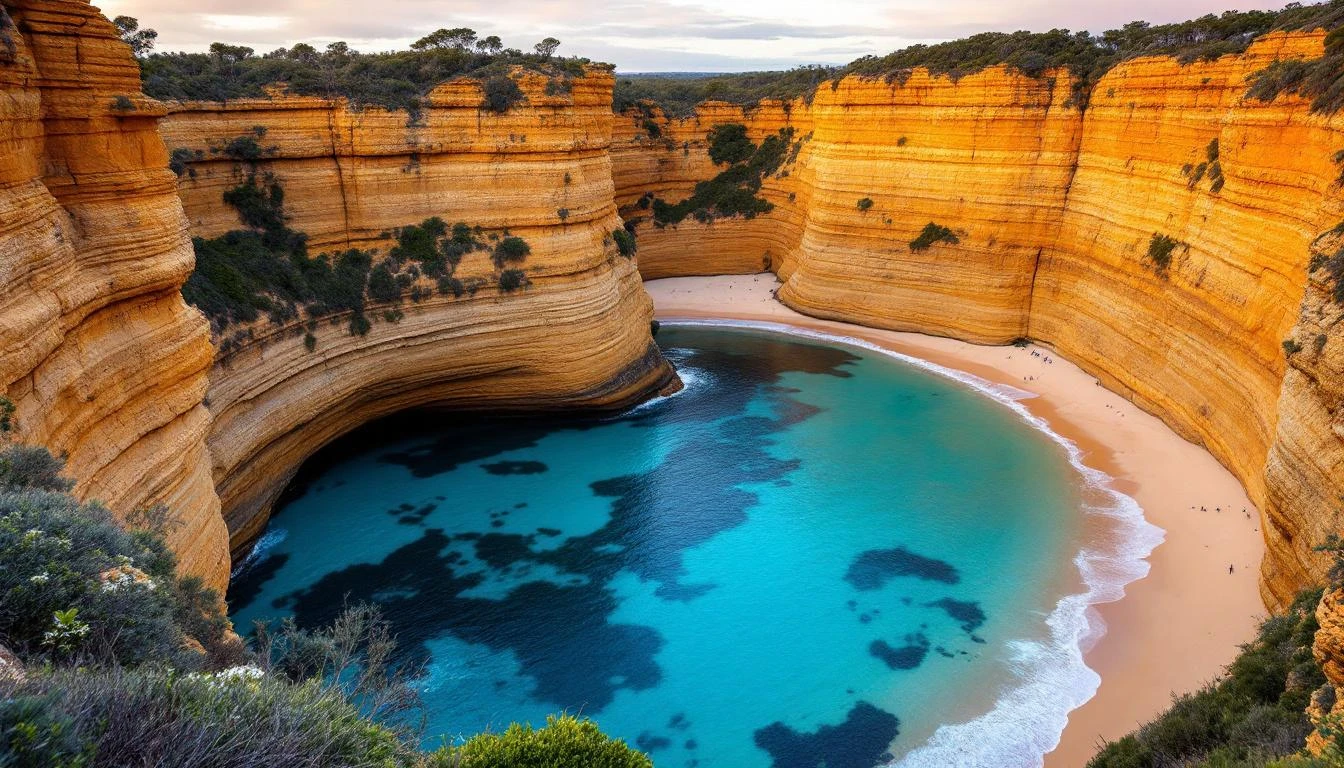 Loch Ard Gorge cove with turquoise water surrounded by limestone cliffs near Port Campbell
