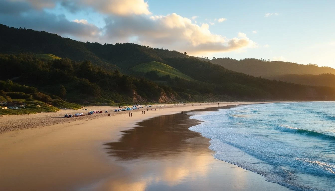 Lorne main beach on Loutit Bay with forested hills behind