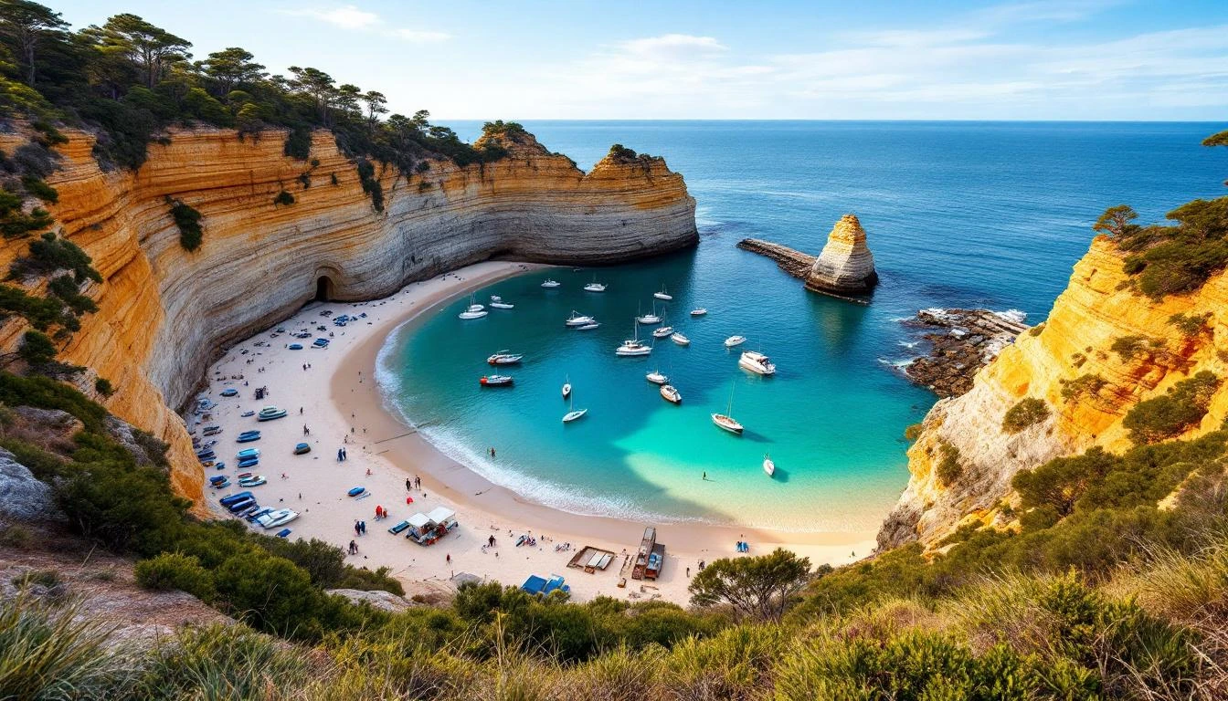 Port Campbell harbour cove with fishing boats and sandstone cliffs