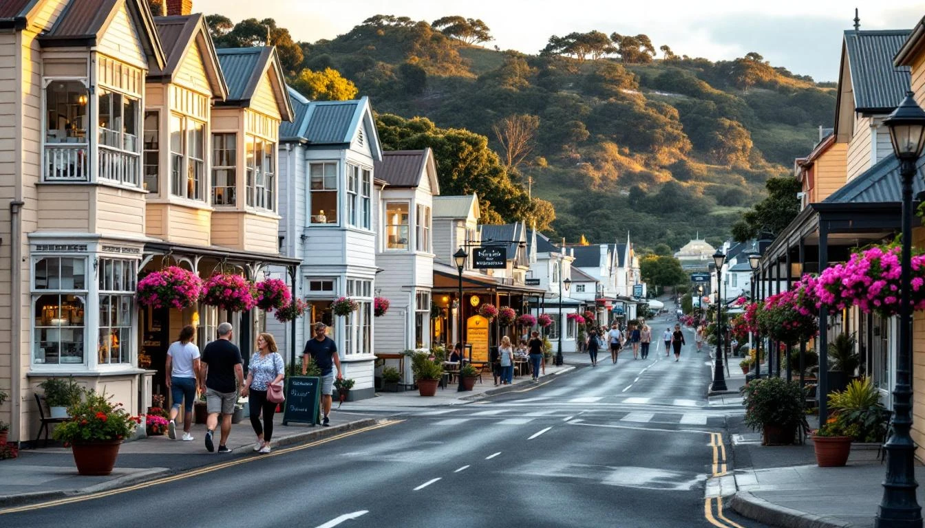 Port Campbell main street with seaside cafés along the Great Ocean Road