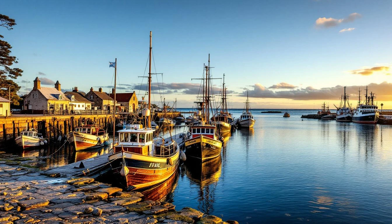 Port Fairy historic harbour with fishing boats and bluestone buildings