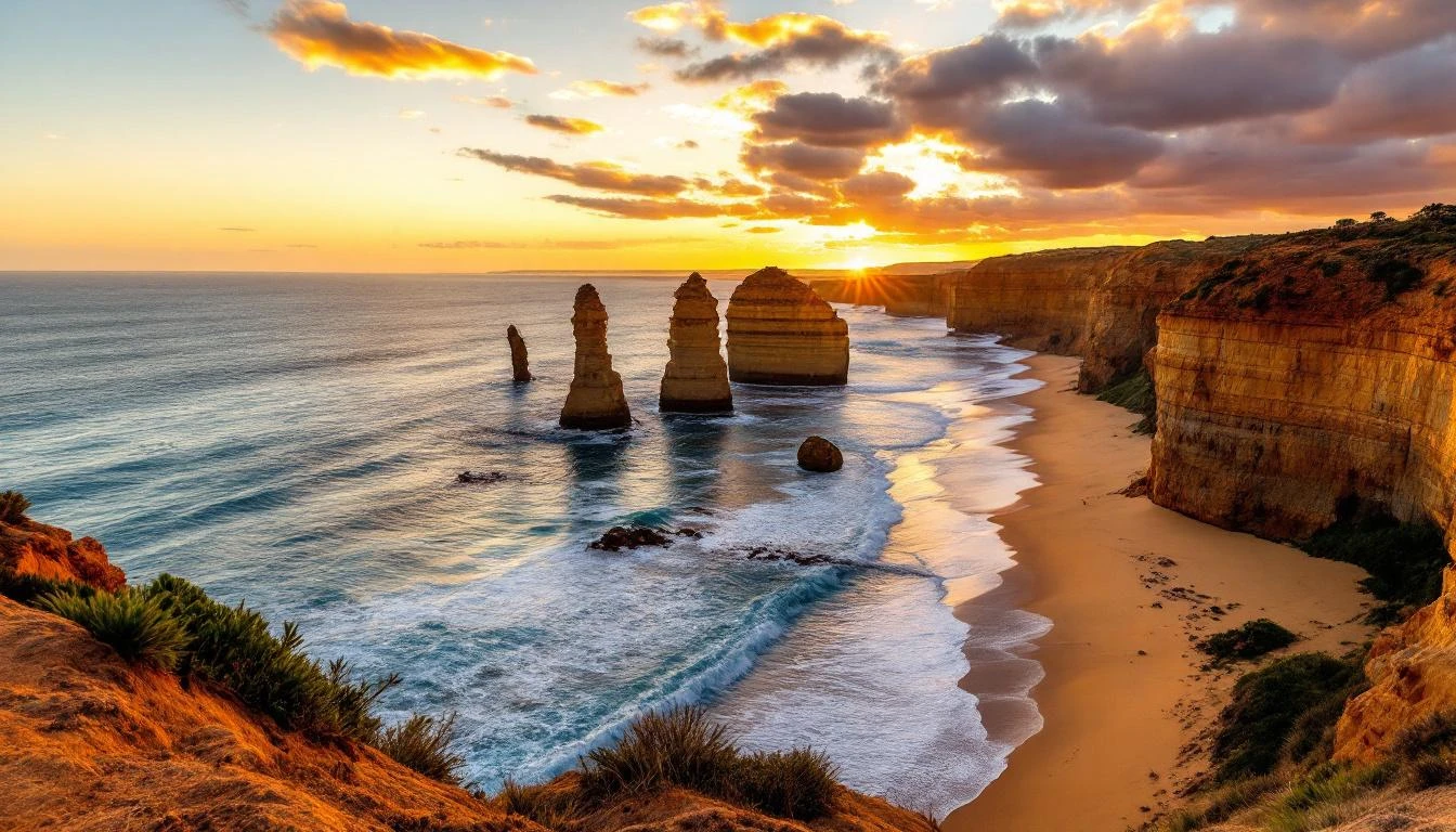 The Twelve Apostles glowing amber at sunset, viewed from the cliff-top boardwalk